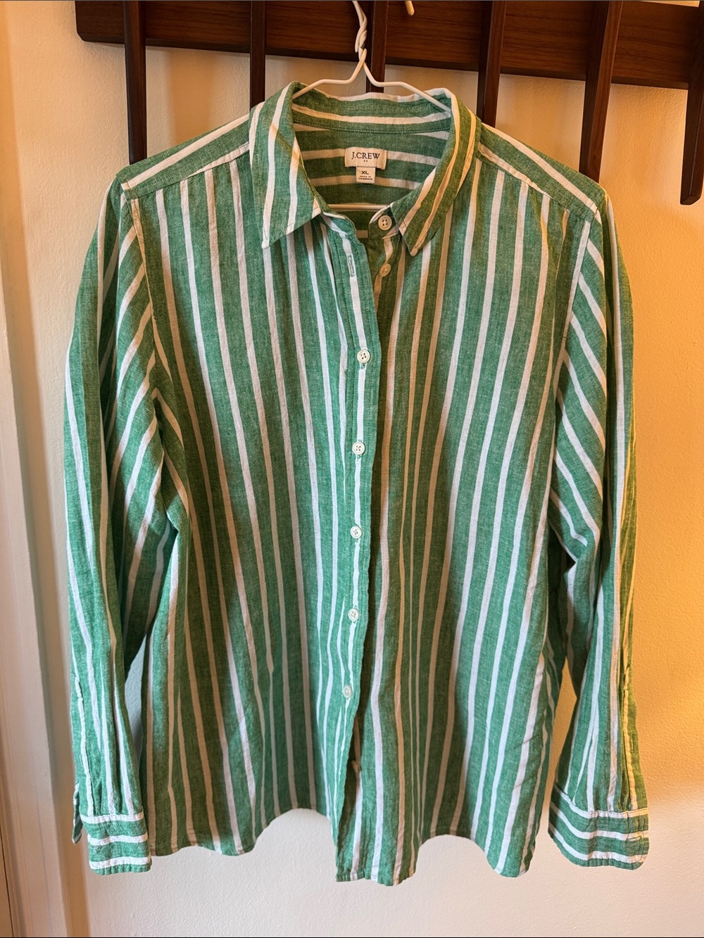 J.Crew Factory Women’s Green & White Striped Button-Up Linen Cotton Shirt